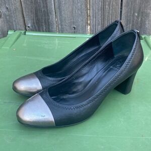 Tory Burch Leather Block Heel Pumps - Black & Silver Cap Toe - Women's Size 11